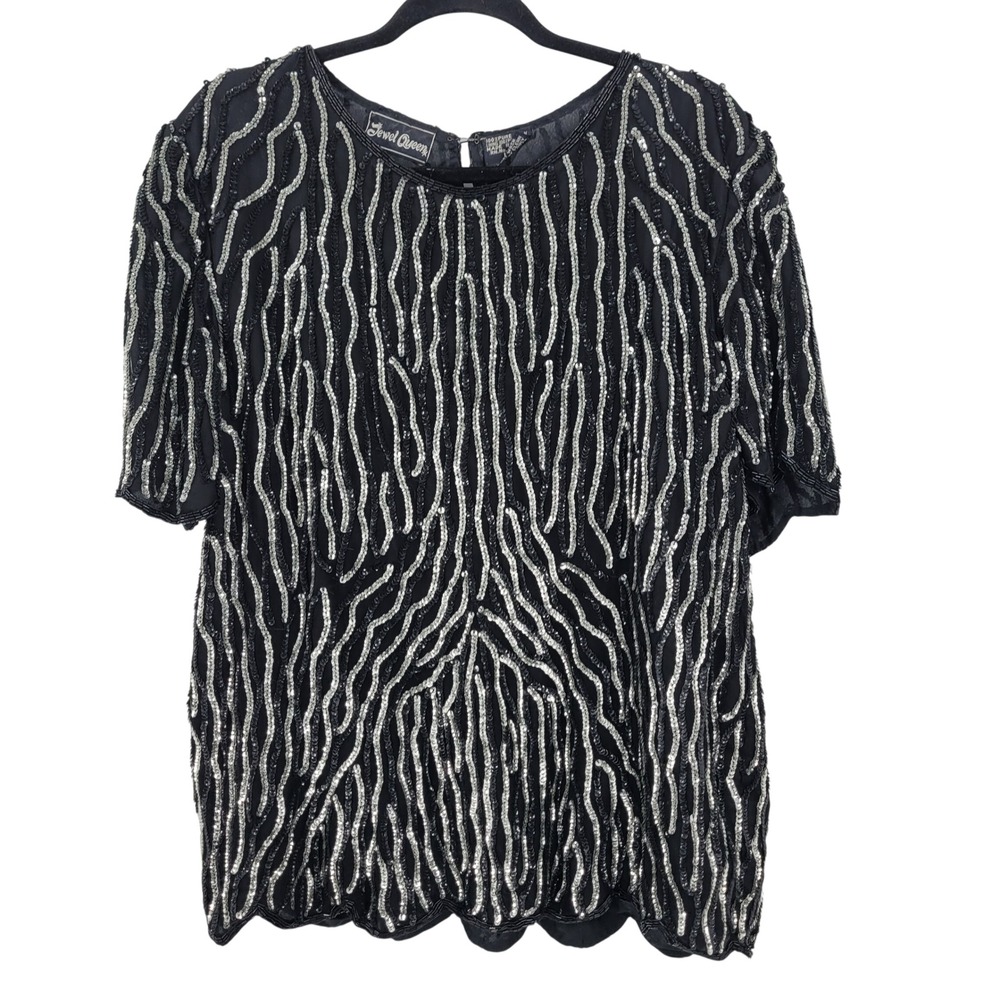 Vtg 80s Black Sequin Beaded Blouse Top 1X‎ Formal Evening Striped Scalloped Puff
